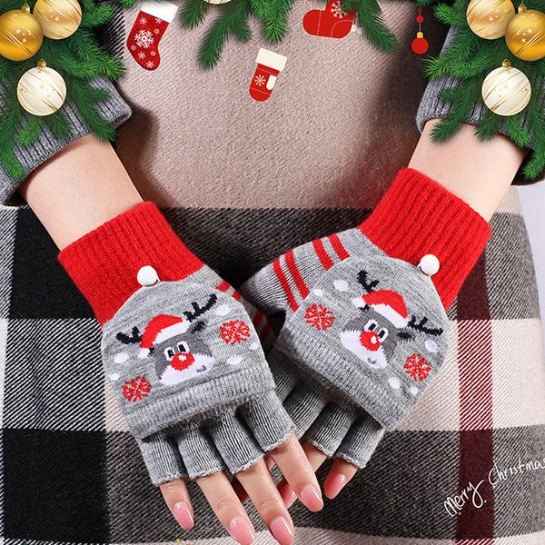 Guantes de Navidad para adolescentes Los guantes de medio dedo de alce pueden voltear el invierno nueva moda unisex lindos guantes de muñeco de nieve tejidos de dibujos animados Hombres y mujeres