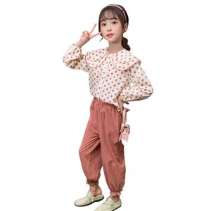 Tiener meisjes kleding dot blouse + broek kleding lente herfst trainingspak voor casual stijl kinderen 210528