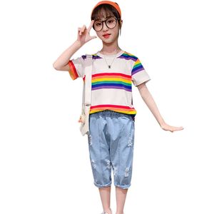 Teen Girls Vêtements Rainbow Tshirt + Jeans Girl Vêtements Trou Enfants Denim Style Casual Ensemble pour enfants 210528