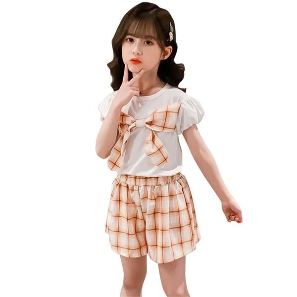 Teen Girls Clothing Short + Plaid Bow Sets Survêtements d'été pour enfants 6 8 10 12 14 210528