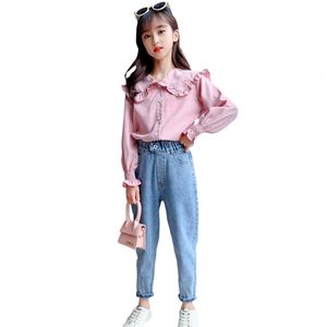 Tiener meisjes kleding solide blouse + jeans meisje set casual stijl trainingspak kinderen 6 8 10 12 14 210527