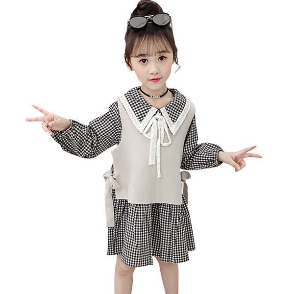 Teen Girls Clothing Vest + Plaid Dress Survêtements Pour Bow Girl Lace Floral Children's 210528