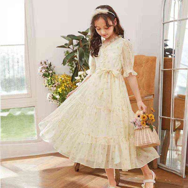 Teen Girls Dress 2022 Summer Floral Pattern Beach Long Dress Pour Fille Bohême Enfants Robes En Mousseline De Soie Costume 6 8 10 12 14 Année G220506