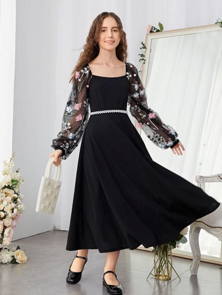 Robe avec appliques en maille et broderie florale pour adolescentes, sans ceinture, ELLE