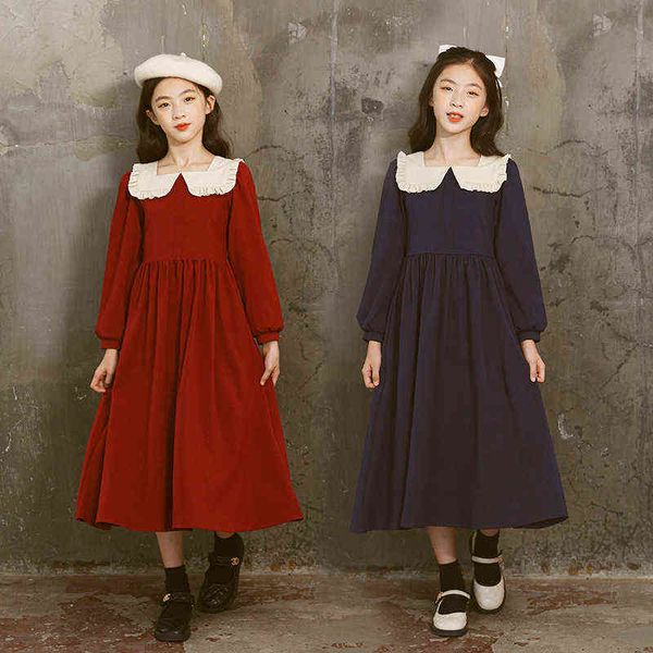 Teen Girls Korean Midi Dress 2023 Automne Princesse Patchwork Enfants Vêtements Élégants Enfants Robes À Manches Longues Printemps Rouge Bleu Y220819