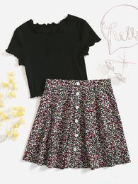 T-shirt à bordure en laitue pour adolescentes, jupe à imprimé floral et petites petites SHE