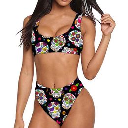 Chicas adolescentes Traje de baño de verano Lindo Sugar Skull Print Sport Crop Top Bikini Set Mujeres Traje de baño Trajes de baño Trajes de baño para mujer 220616