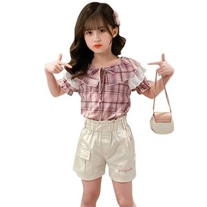 Tiener meisjes zomer kleding plaid blouse + korte kinderkleding voor brief kids kant trainingspak 210528