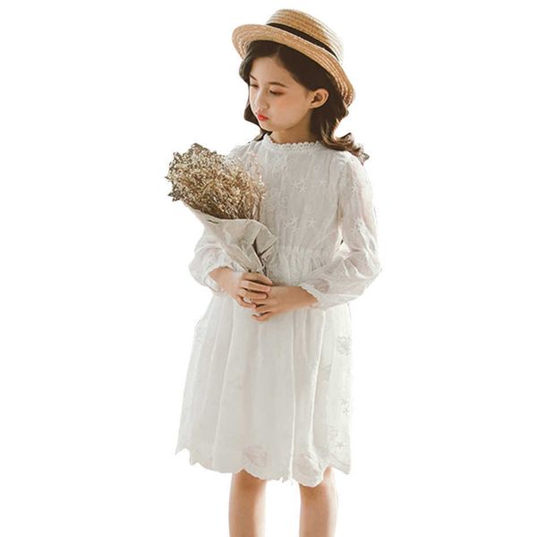 Vestido para niñas adolescentes Flor de encaje blanco para niños de manga larga Traje de primavera y otoño 6 8 10 12 14 210528