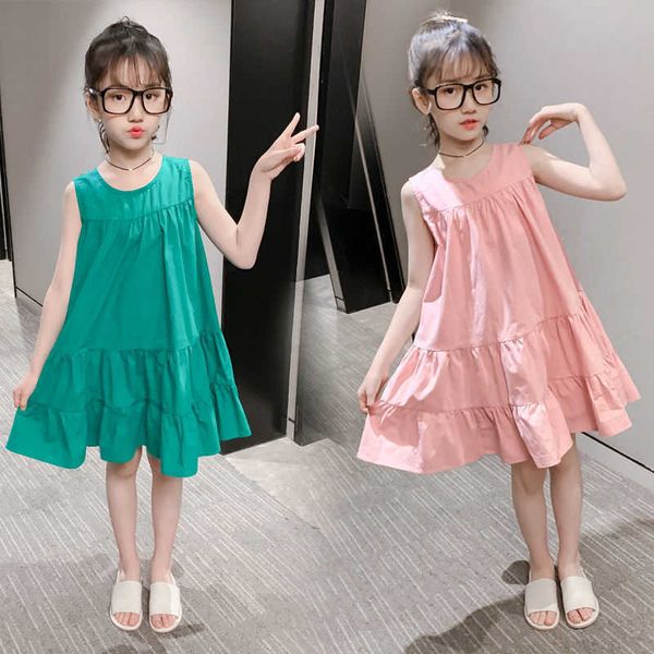 Chaleco de verano para niñas adolescentes, vestidos informales, ropa para niños adolescentes de 12, 13, 14, 15 y 16 años, vestido de princesa plisado liso para niños pequeños Q0716