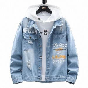 Veste en jean pour hommes adolescents Fi Lettre Imprimé Street Ripped Jean Vestes Bleu Revers Simple Printemps et Automne Manteau e6gN #