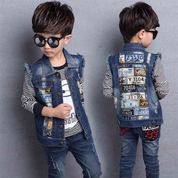 Teenage School Boy Denim Gilets Printemps Automne Imprimé Jeans Vestes À La Mode Sans Manches Survêtement Cowboy Gilets 210622