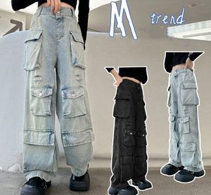 Jeans à trous pour adolescents et grands enfants, pantalons cargo en denim à poches, pantalons de cowboy amples à jambes droites pour vieilles filles, printemps 2024, Z6901