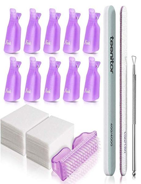 Teenitor Kit de herramientas para quitar gel de uñas con clips para quitar esmalte rosa, pelador de cutículas, raspador, cepillo para uñas de gel, paquete de 115 toallitas para uñas Cot6681306