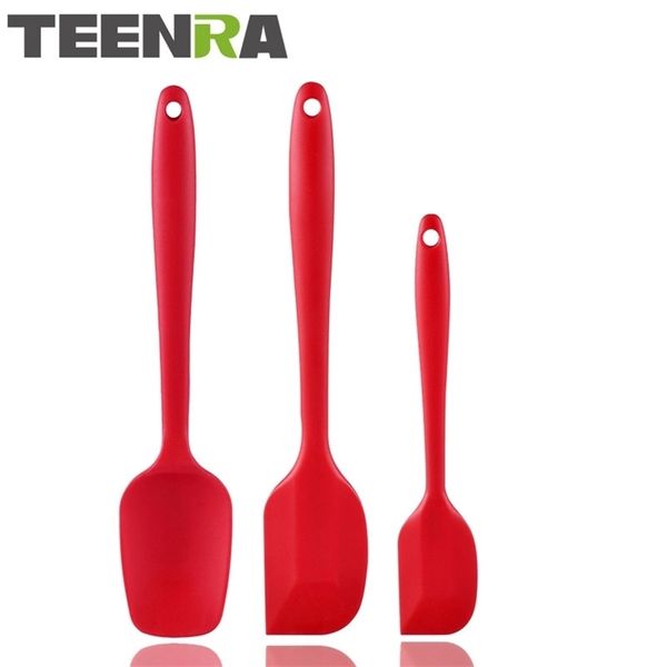 TEENRA 3pcs rouge résistant à la chaleur cuillère en silicone spatule ensemble d'ustensiles de cuisine ensemble d'outils de gâteau en silicone ensemble cuillère spatule antiadhésive 201116