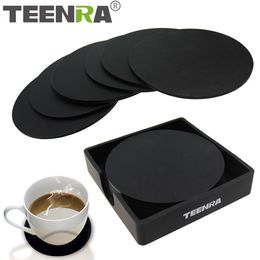 TEENRA 6pcs anti-dérapant silicone potable coaster set support tasse coaster tapis ensemble rond tasse à café tapis ensemble noir table 201123