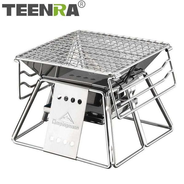 TEENRA Portable en acier inoxydable BBQ Grill antiadhésif Surface pliante Barbecue Grill Camping en plein air pique-nique outil 210724