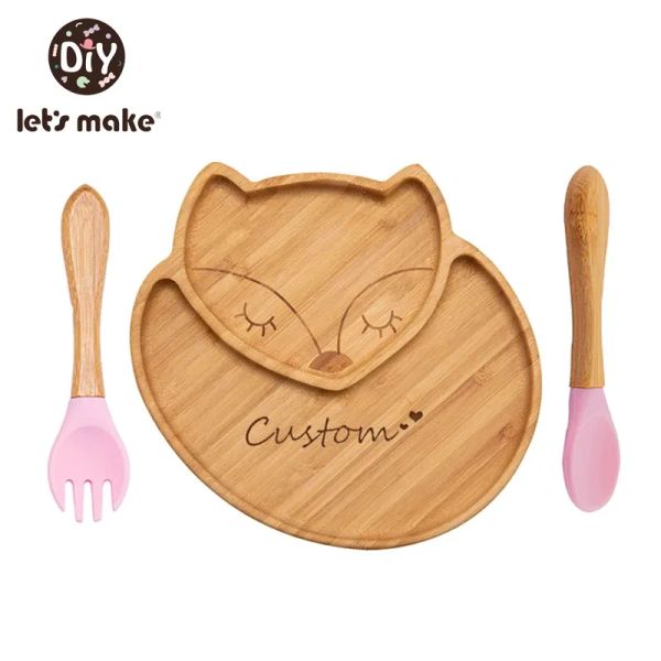 Tees 1set Bamboo Baby Nourning Bowl Cartoon Fox Dinner Assiette Bamboo Wood Training Plate Silicone Aspiring Tup Kids Feeding Table Vole