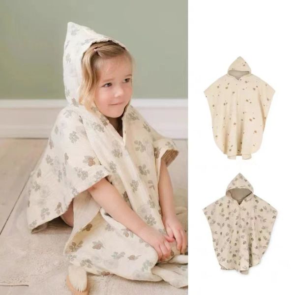 T-shirt de salle de bain pour enfants peignoir à capuche cape coton swaddle couverture baignoire absorbant serviette fruit fleur imprime