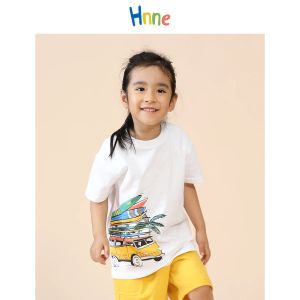 Tees hnne 2022 Zomer nieuwe cartoon bus print t -shirt kinderen 100% katoenen zachte huidvriendelijke t -shirt unisex jongensmeisjes T -stukken kinderen tops