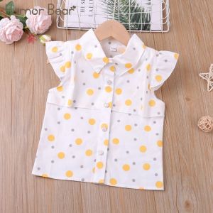 Tees Humour Bear Girls Shirt Summer Flyingsleeve Ploka Dot Col de revers imprimé Collier causal pour enfants Toddler