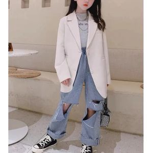 Tees Unisexe Kids Solid Loose Blazer Coat New Fashion Single Breasted Long Vestes Little Teeing Girls Boys Blazer 6 8 10 11 12 14 15