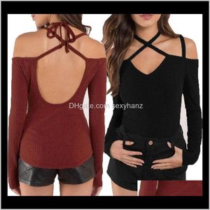 Tees Dames Kleding Kleding DROP LEVERING 2021 Zomer Cross Backless Shirt Vrouwelijke Halter Tight Long Mouwen Tops Women Night Club Sexy T-S