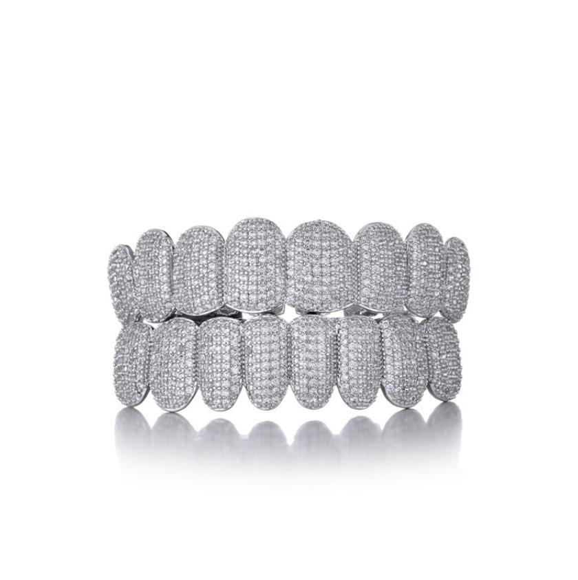 Dişler ızgara buzlu dışarı hip hop zirkon gümüş dekoratif parantezler erkekler için gerçek bling diş ızgaraları