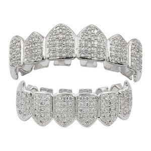 Tanden Grillz Luxe Mannen Vrouwen Grade Kwaliteit Cubic Zirconia Vampier Tanden Bretels Straat Mode Platinum 18 K Gold Hip Hop Dental Grills