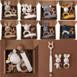 Bijtringen Speelgoed 1Set Gehaakte Bunny Baby Bijtring Rammelaar Veilig Beuken Houten Ring Fopspeen Clip Ketting Set geboren Mobiele Gym Educatief Speelgoed 230914