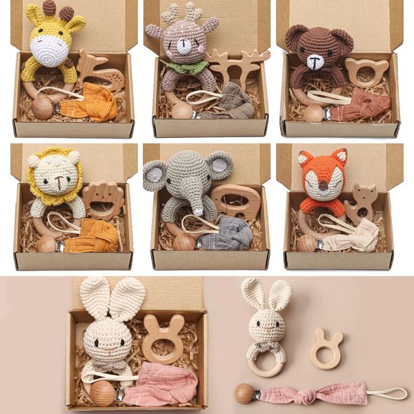 Jouets de dentition 3 pièce/ensembles bébé anneau de dentition Crochet hochets animaux attache-sucette chaîne en bois de hêtre pendentif rongeur pour né sans BPA cadeaux de bain jouet 231208