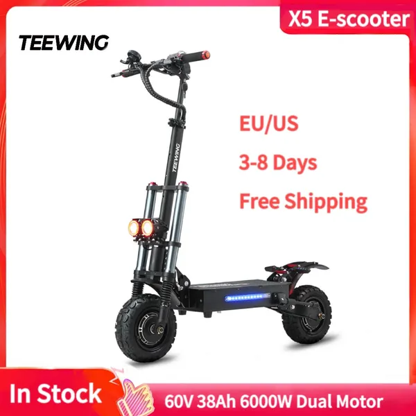 Teewing X5 Scooter électrique intelligent pliable 75 miles Kick Scooter 6000W batterie 60V 38Ah scooter pliant avec pneus tout-terrain de 11 pouces