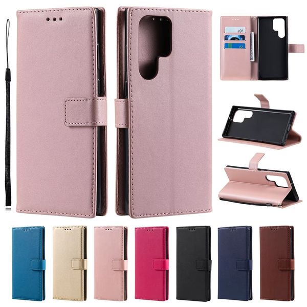 Étuis portefeuille en cuir de mouton pour Samsung S24 Plus S23 FE Ultra A15 A05 A05S A14 4G 5G A24 A34 A54 Flip Cover PU Fashion Luxury Card ID Slot Magnétique Folio Holder Pouch Strap