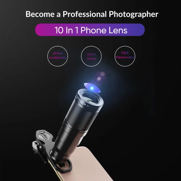 Télescopes Apexel 10 dans 1 Télescope Zoom Mobile Phone Lens Kit avec macro lentilles Fisheye Wide CPL CPL STAR FILTER LENSES pour iPhone All Smartphon