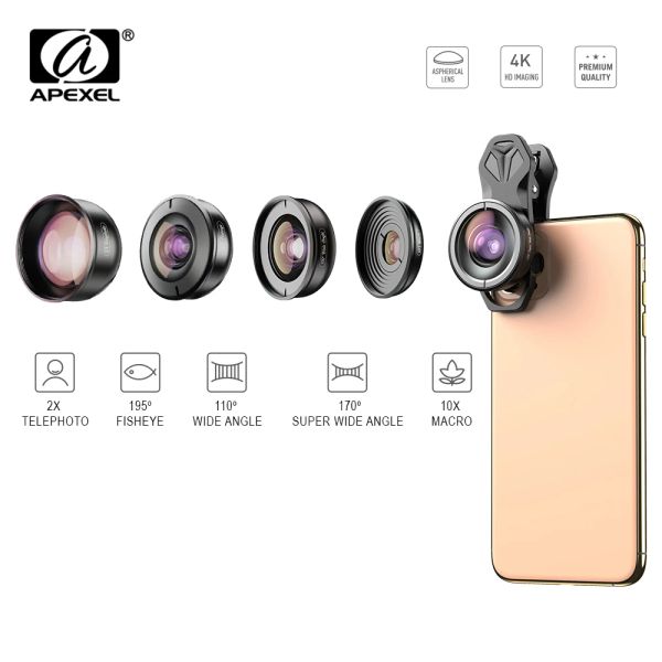 Télescopes APEXEL 5IN1 MOBILLE LENS CASECLIP Kit HD Fisheye Wide angle 4K Macro Telescope Lens pour l'iPhone Samsung et tous les smartphones