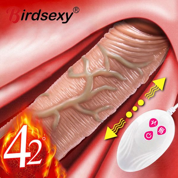 Télescopic vibrant poussant une gode réaliste masturbation femelle avec du pénis de chauffage de tassement à distance bite pour les femmes