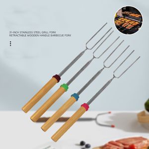 Bâtonnets télescopiques à rôtir pour hot-dog à la guimauve, outils de barbecue en acier inoxydable, brochettes, rôtissoire extensible avec manche en bois pour la cuisine/feu de camp/feu de joie/grill