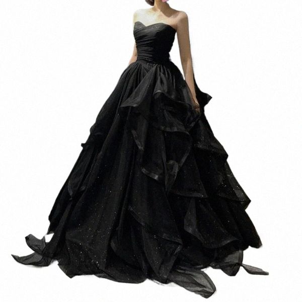 Tempérament Black Elegant Wedding Party Dres Strapl Tierred Draped Prom Robe 2023 Nouvelle robe de bal DR Femmes Vestidos N13R #