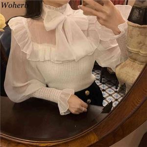 Temperament Elegant Shirt Patchwork Gebreide Blouses Vrouwen Stand Hals Lace Up Bows Sweet Ruffles Losse Blusas Mujer 210519