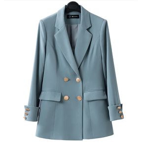 Tempérament Style coréen Casual Femmes Élégantes À Manches Longues Double Boutonnage Blazer Costumes Solide Bureau Dames Formelle 211019