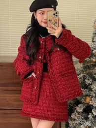 Temperamento Vintage elegante Tweed abrigo coreano cadera Mini faldas vestido moda Aline Chic ropa mujer 240226