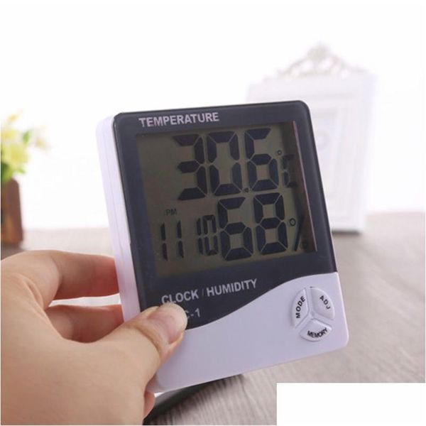 Instruments de température Digital Lcd Hygromètre Ménage Précision Horloge Humidimètre Thermomètre Avec Calendrier Alarme Batterie Powe Dhitk