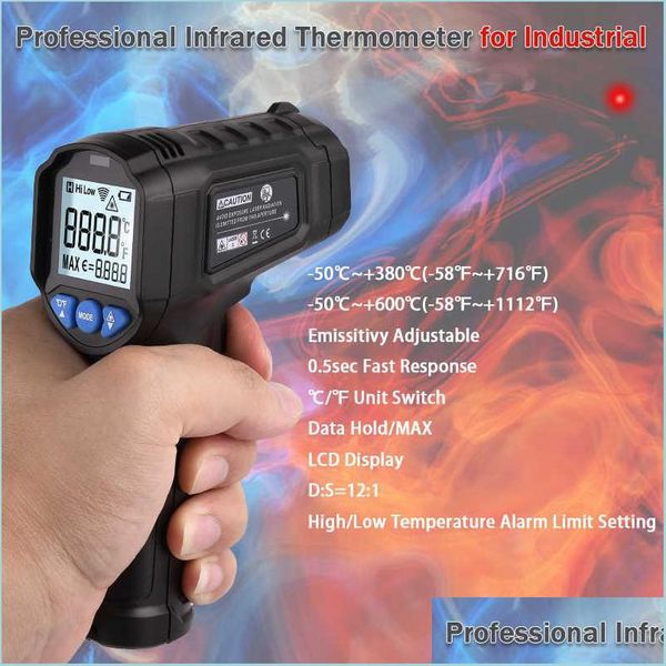 Instrumentos de temperatura Termómetro láser Pirómetro sin contacto Pistola infrarroja Medidor de temperatura digital 600 Lcd Termómetro / Luz Ala Ot2Kx