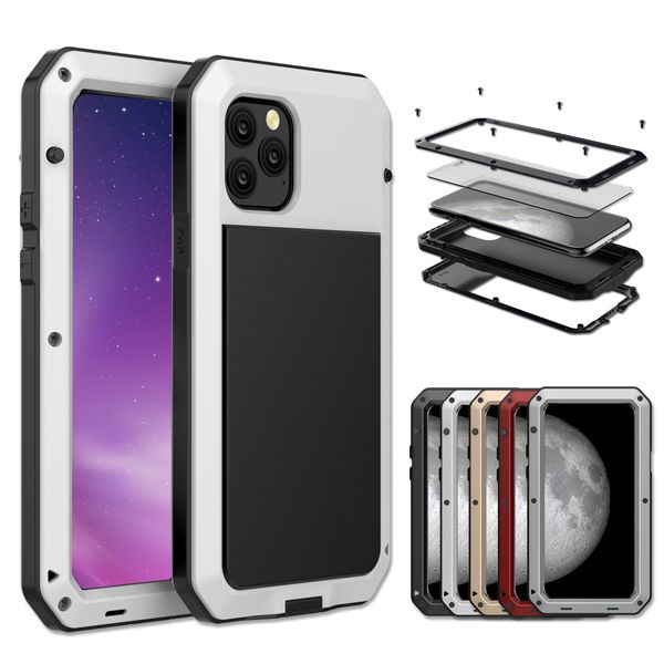 Casos de liga de alumínio de vidro temperado Defender Heavy Duty Armor Kickstand 3 em 1 Capa à prova de choque para iPhone 8 7 X XS MAX XR À prova d'água à prova de poeira 1 PC