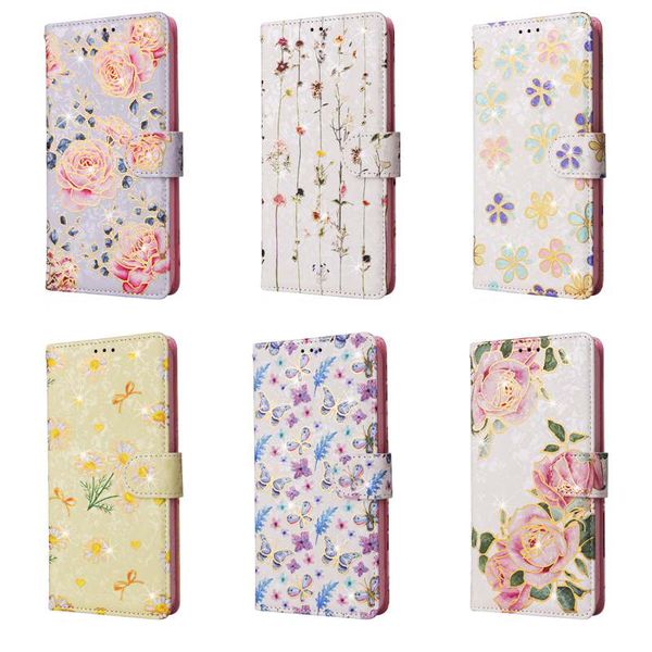 Cajas de billetera de cuero con estampado de flores para iPhone 15 14 Pro Max 13 Mini 12 11 XS x XR 8 7 más Polla de la tarjeta de la tarjeta de identificación de la tarjeta de identificación de mariposa de mariposa de mariposa de mariposa de rosa