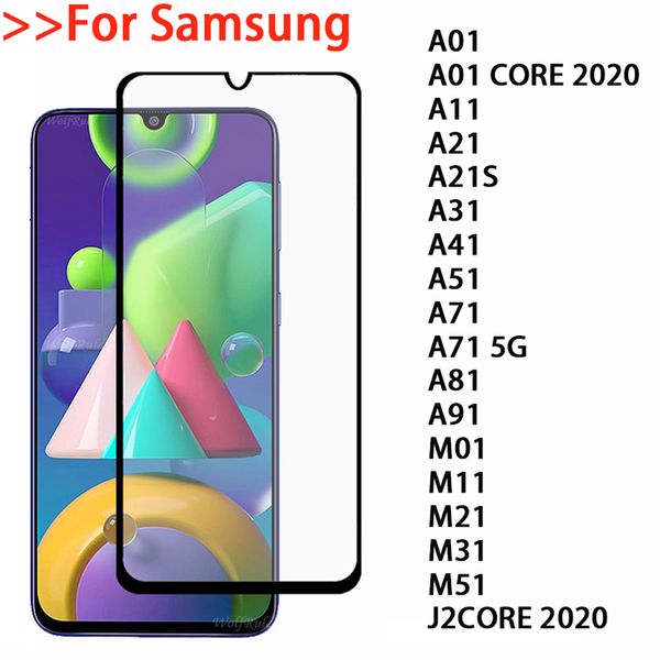 Protecteur d'écran de téléphone en verre trempé, couverture complète, colle complète, pour Samsung M01 M11 M21 M31 M51 J2 A01 CORE 2020 A11 A21 A31 A41 A51 A71 A81 A91