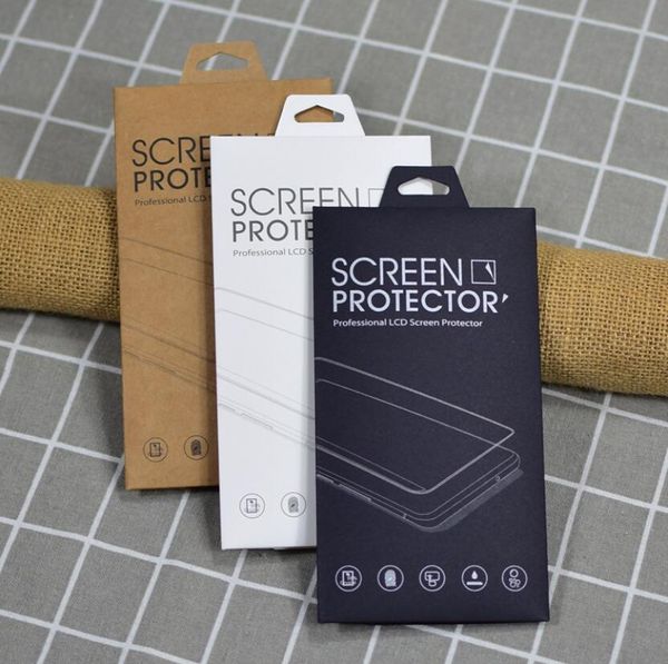 Protector de pantalla de vidrio templado Kraft blanco papel negro Paquete de paquete al por menor vacío Caja para iPhone 12 11 Pro XR XS Max Samsung S20 S21 Huawei