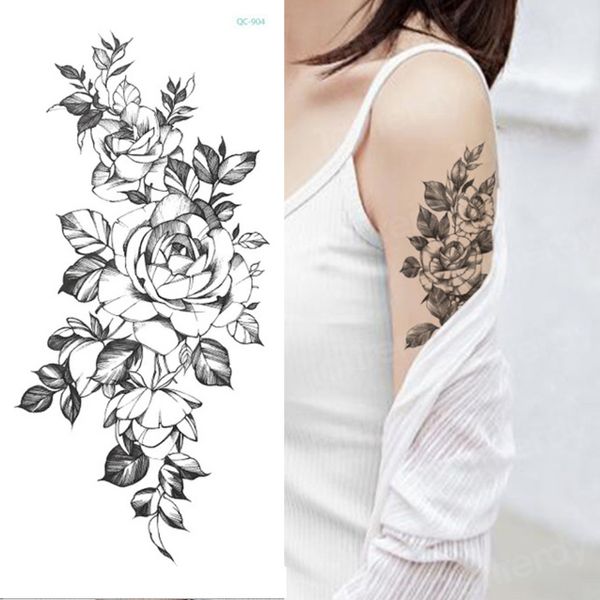 Autocollant De Tatouage Temporaire Fleur Pivoine Rose Croquis Dessins De Tatouage Filles Sexy Modèle Tatouages Bras Jambe Noir Autocollants Au Henné Femmes SH190729