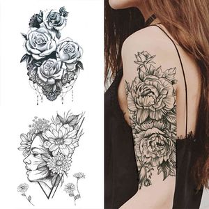 Tatuaje temporal pegatina pegatinas impermeables diseño de rosas negras flor completa tatuaje para brazo arte corporal tatuajes falsos de gran tamaño