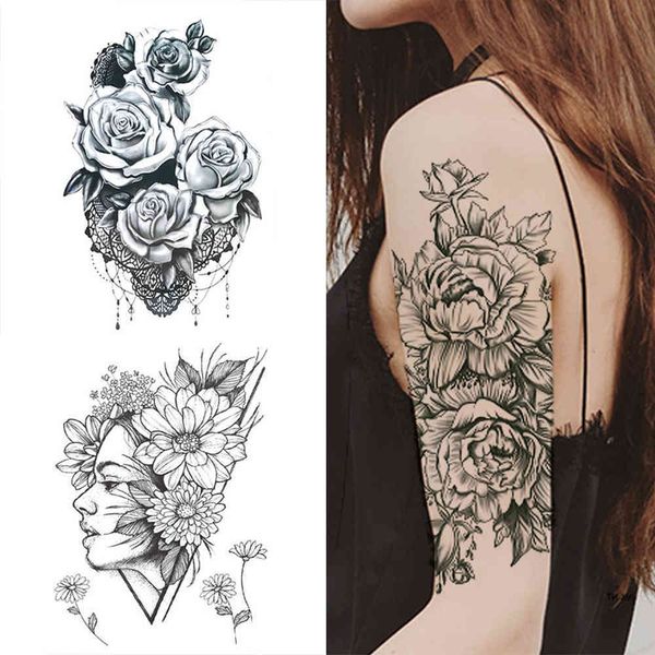 Autocollant de tatouage temporaire, autocollants imperméables, conception de Roses noires, tatouage de bras complet en fleur, Art corporel, faux tatouages de grande taille